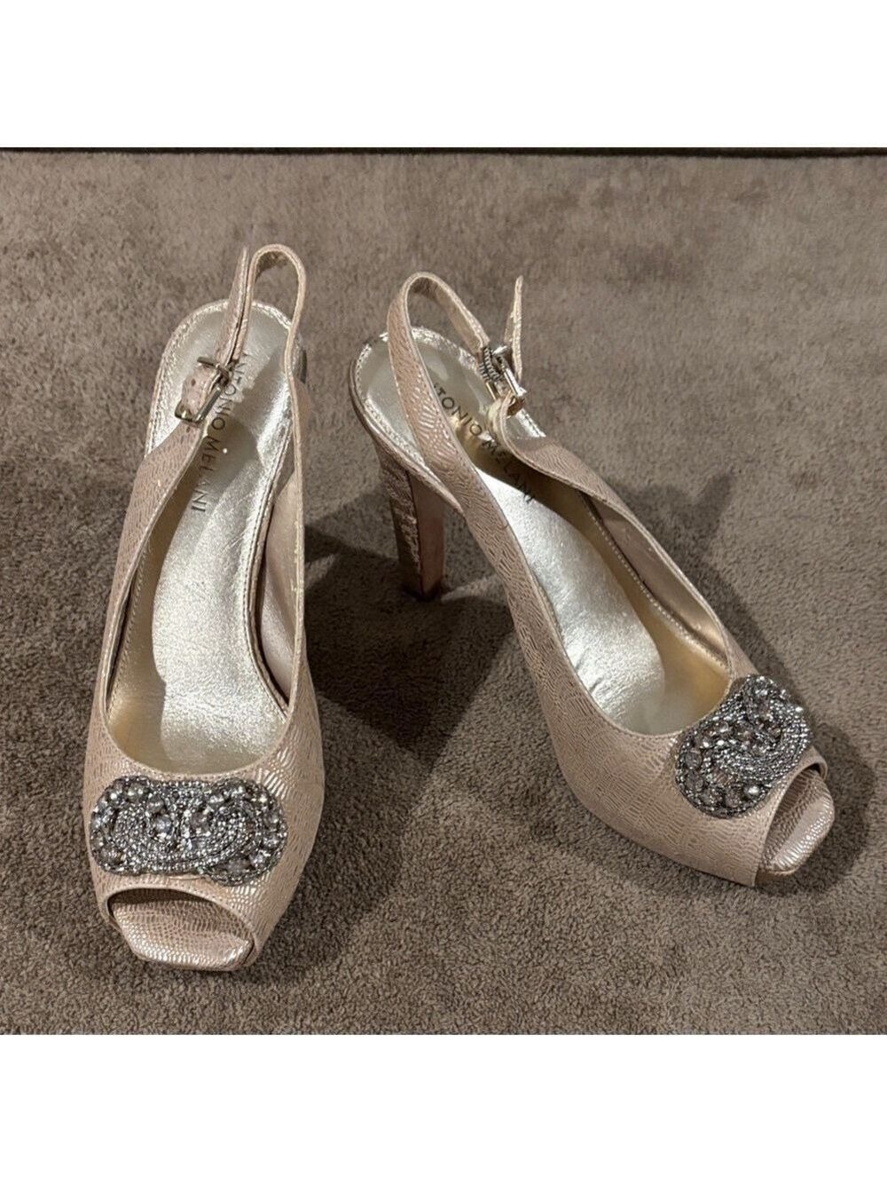 Antonio Melani Gold Peep-Toe Slingback Heels With Rhinestone Accent - Size 8M